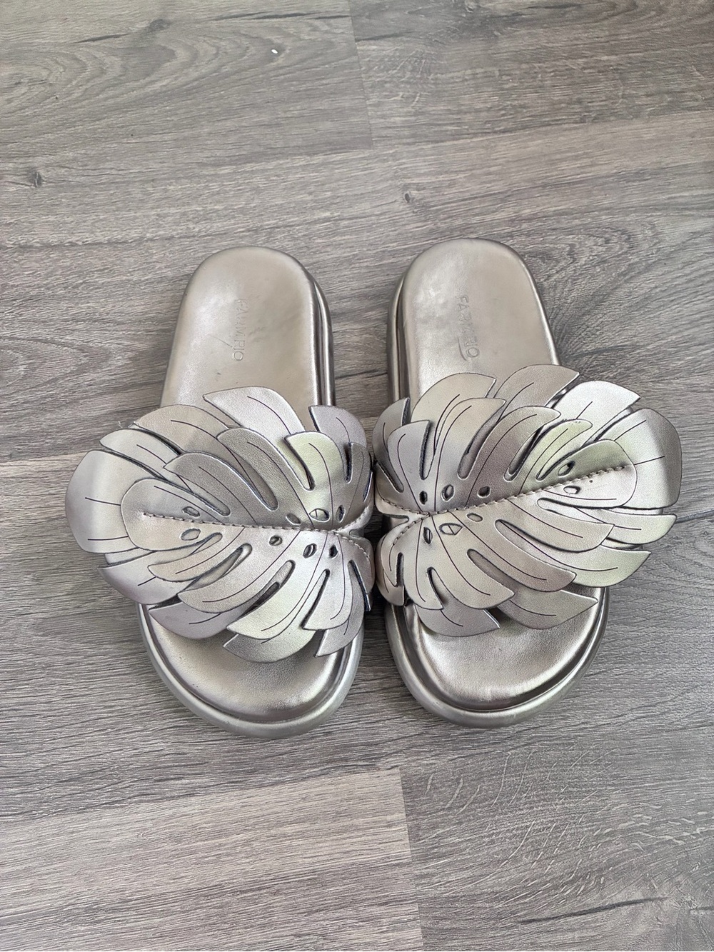 FARM Rio Metallic Silver Leaf Slide Sandals